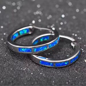 Blue Opal Earrings Round Circle Hoop Earrings